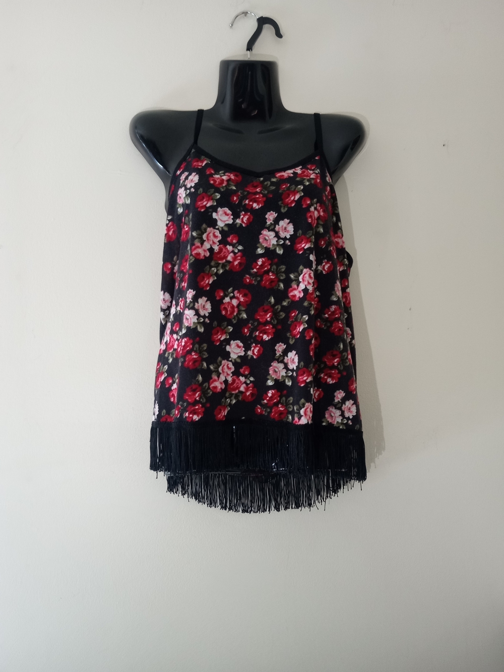 No Boundaries Black Floral Fringe Tank Top